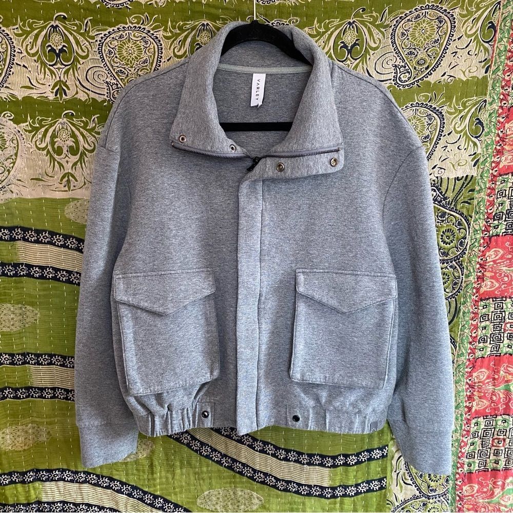 Varley Heathered Cloud Earl Boxy Moto Comfy Sweatshirt Bomber Jacket Size Medium - Picture 2 of 16
